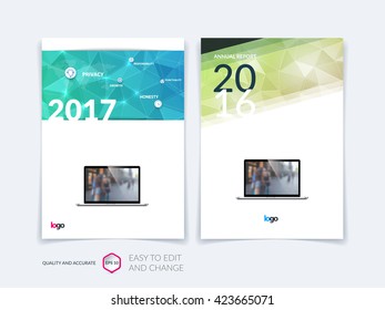 Set Brochure template layout, cover design annual report, magazine, flyer, leaflet in A4 with blue green triangles for business, technology and science and polygonal background. Vector 