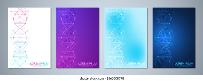 Set of brochure templates or cover book, page layout, flyer design with abstract background of molecular structures and DNA strand. Medical or scientific and technological concept