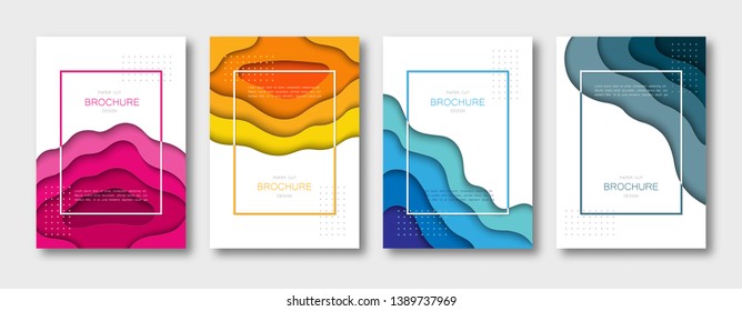 Set of brochure templates, covers, abstract 3d backgrounds with paper cut shapes. A4 size. Vector Illustration. Can be used as booklet, poster, banner, invitation, business presentation.