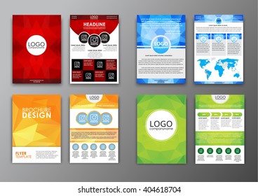 Set brochure templates (flyers), the front and back of the page; advertising, printing or reporting with polygonal elements and information . Vector illustration.