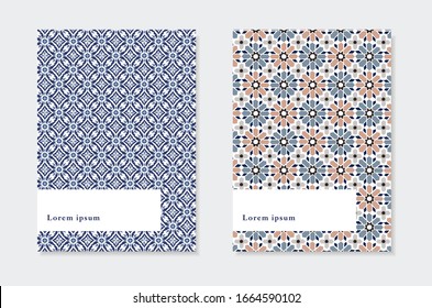 Set of brochure templates. Ramadan Kareem greeting cards with hand drawn blue Moroccan patterns. Islamic backgrounds, web banners. Portuguese azulejos tiles design. Decorative vector illustrations.