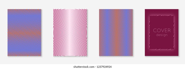 Set brochure. Vintage page, mobile screen, certificate, folder concept. Purple and pink. Set brochure as minimalist trendy cover. Line geometric element.