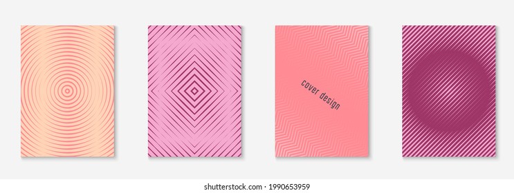 Seleccione un folleto. Folleto ondulado, volante, aplicación web, burla de carpetas. Rosa y morado. Establezca el folleto como una cubierta de moda minimalista. Elemento geométrico de línea.