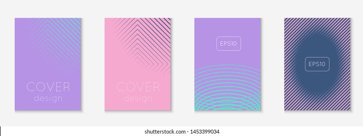 Set brochure. Wavy report, banner, invitation, book layout. Purple and turquoise. Set brochure as minimalist trendy cover. Line geometric element.
