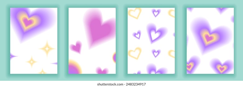 Set brochure y2k aura. Blurred heart, butterfly and stars with aura in trendy style y2k