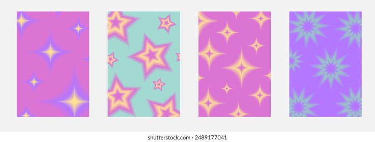 Set brochure y2k aura. Blurred heart, butterfly and stars with aura in trendy style y2k