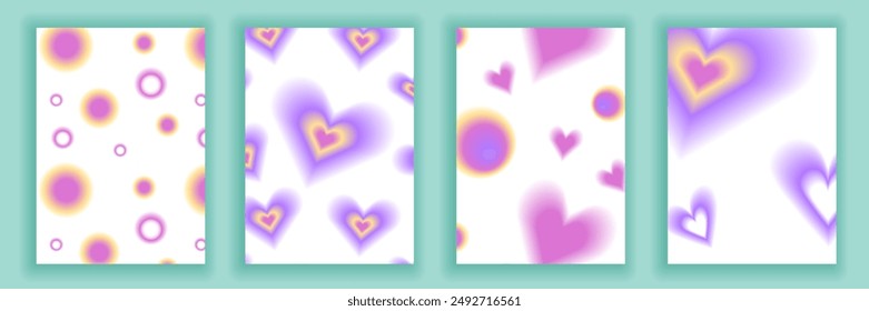Set brochure y2k aura. Blurred heart, butterfly and stars with aura in trendy style y2k