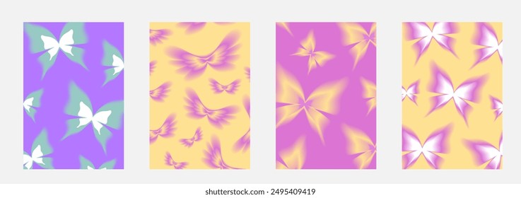Set brochure y2k aura. Blurred heart, butterfly and stars with aura in trendy style y2k