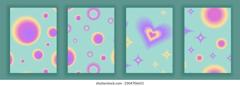 Set brochure y2k aura. Blurred heart, butterfly and stars with aura in trendy style y2k