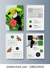 Set of brochures about Toucan bird and tropical flora. Vector illustration