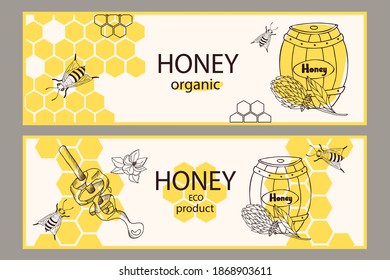 
A set of brochures with a barrel of honey, honeycomb, bees. Vector illustration.