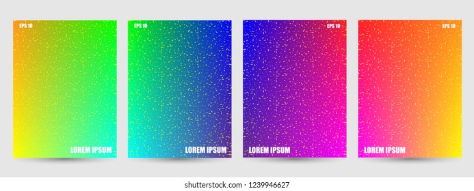 Set of brochures in bright gradient colors of rainbow with confetti. Vector EPS 10.
