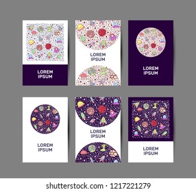 Set of brochures / cards with galaxy elements. Circle vector flat design composition of space illustration. Vector illustration for banner, for newspaper, for web page.