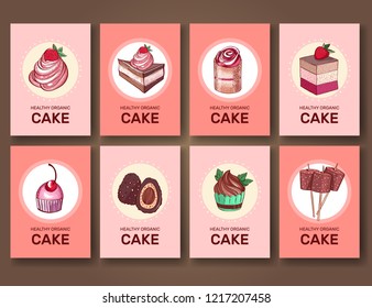 Set of brochures / cards with sweets. Vector templates. Backgrounds with chocolate cake, cupcakes and candies. Vector illustration.