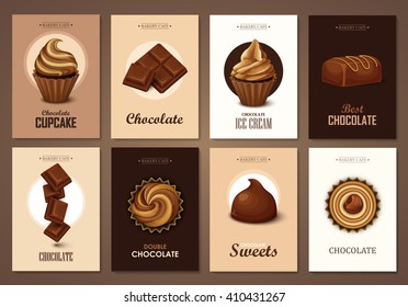 Set of brochures with chocolate sweets. Vector templates. Backgrounds with chocolate, cupcakes and candies.