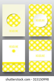 Set of brochures with ethnic ornament pattern in white yellow colors. Vector illustration. From collection of Balto-Slavic ornaments