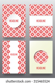 Set of brochures with ethnic ornament pattern in white red colors. Vector illustration. From collection of Balto-Slavic ornaments