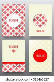 Set of brochures with ethnic ornament pattern in white red colors. Vector illustration. From collection of Balto-Slavic ornaments