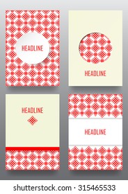 Set of brochures with ethnic ornament pattern in white red colors. Vector illustration. From collection of Balto-Slavic ornaments