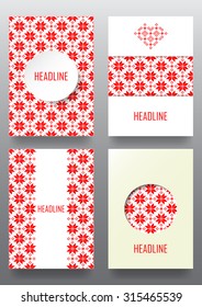 Set of brochures with ethnic ornament pattern in white red colors. Vector illustration. From collection of Balto-Slavic ornaments
