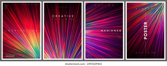 Set of brochures, flyers, posters with rainbow gradient glowing rays. Minimal dynamic covers design with colorful vibrant radiant beams. Night club party or summer music festival invitations. Vector