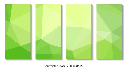 Un conjunto de folletos con fondo verde con un diseño triangular.