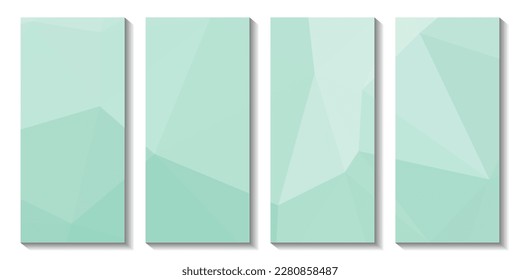 Un conjunto de folletos con fondo verde con un diseño triangular.