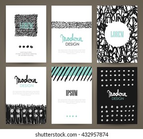 Set of brochures with hand drawn abstract design elements, patterns and textures. Vector templates. 