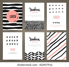 Set of brochures with hand drawn abstract design elements, patterns and textures. Vector templates. 