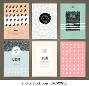 Set of brochures with hand drawn design elements. Vector templates. Trendy backgrounds, patterns and textures.