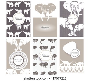 A set of brochures in the Indian style. Elephants. Coffee tone, Indian ornament.