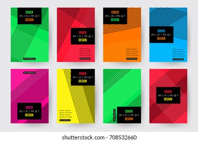Set of brochures with minimal cover design with abstract lines on vivid backgrounds vector illustrations.