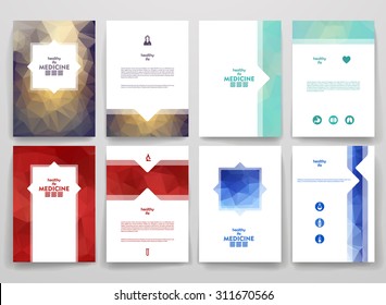 Set of brochures in poligonal style on medicine theme. Beautiful frames and backgrounds