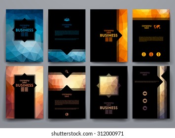 Set of brochures in poligonal style on business theme. Beautiful frames and backgrounds