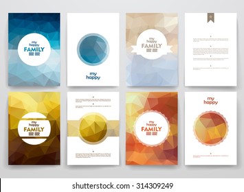 Set of brochures in poligonal style on family theme. Beautiful frames and backgrounds