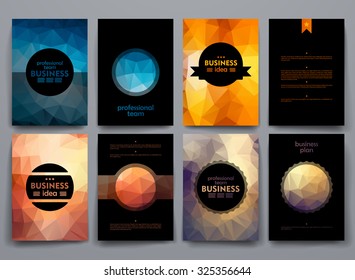 Set of brochures in poligonal style on business theme. Beautiful frames and backgrounds