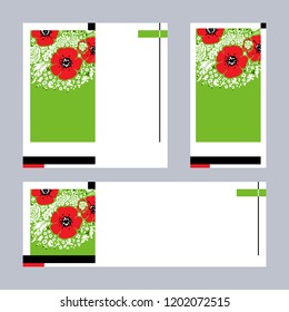 Set of brochures with red poppies and wild herbs. Vector illustration.