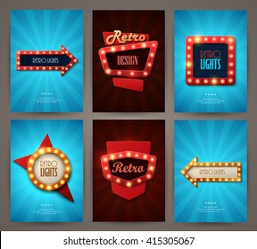Set of brochures in retro style. Vector illustration. Retro light frames.