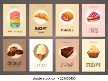 Set of brochures with sweets. Vector templates. Backgrounds with ice cream, cakes, cupcakes and candies.