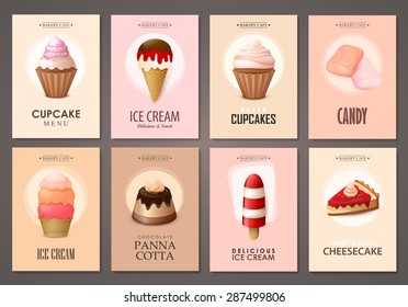 Set of brochures with sweets. Vector templates. Backgrounds with ice cream, cakes, cupcakes and candies.