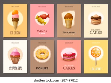 Set of brochures with sweets. Vector templates. Backgrounds with ice cream, cakes, cupcakes and candies.