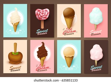 Set of brochures with sweets. Vector templates. Backgrounds with ice cream.
