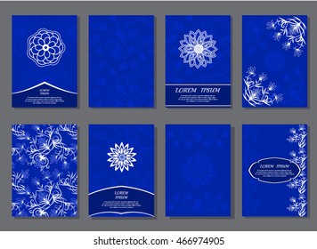 Set of brochures templates. Cover template design. Floral abstract pattern, geometric ornaments cards. Vector illustration