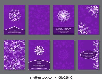 Set of brochures templates. Cover template design. Floral abstract pattern, geometric ornaments cards. Vector illustration