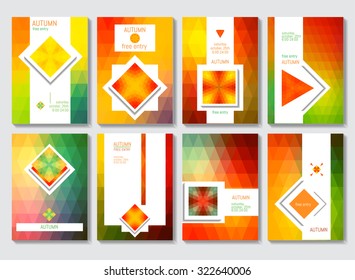 Set of brochures in a triangular style on Autumn theme. Templates for business presentations with graphics, typography, and place for your test.