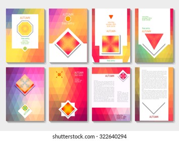 Set of brochures in a triangular style on Autumn theme. Templates for business presentations with graphics, typography, and place for your test.