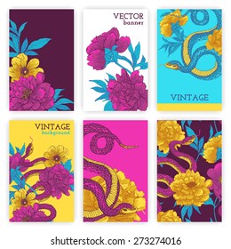 Set of brochures in vintage style with snakes and flowers. Vector design templates. Vintage frames and backgrounds.