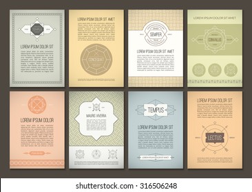 Set of brochures in vintage style. Vector design templates. Geometric retro frames and backgrounds. Can be used for flyer, booklet, menu, leaflet, placard, poster