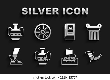 Set Broken amphorae, Ancient column, Hunting horn, Greek trireme, Hermes sandal, history book,  and Old wooden wheel icon. Vector