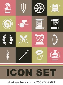 Conjunto de ánforas rotas, arco medieval, decreto, pergamino, pergamino, rueda de madera vieja, carro antiguo, moneda griega, escultura de busto e icono. Vector